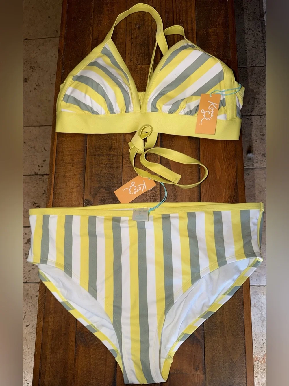 Kona Sol Yellow, White & Sage Striped Bikini Set